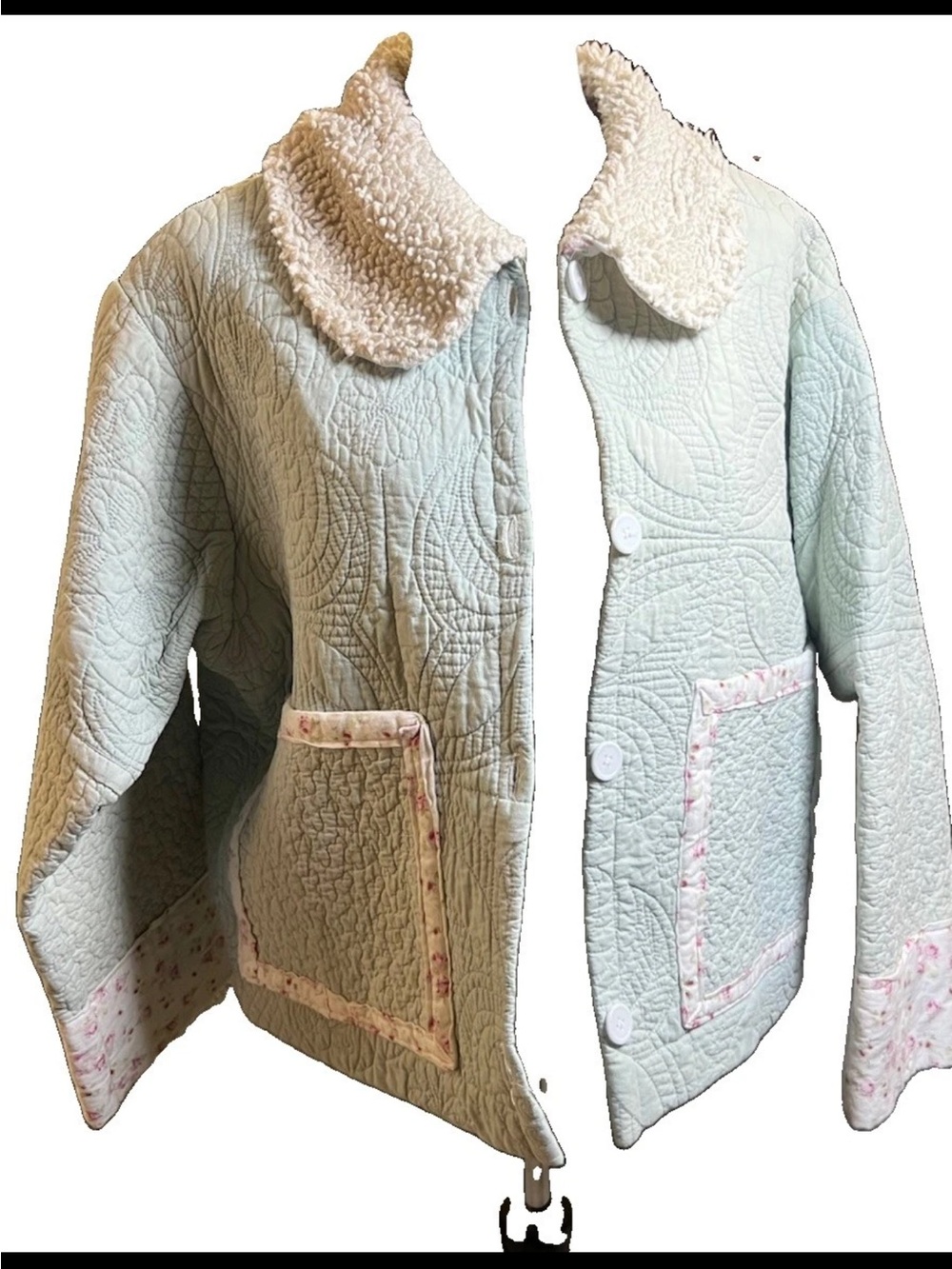 CottageCore Quilted Jacket With Sherpa Collar Sea green Floral Detail In Pink